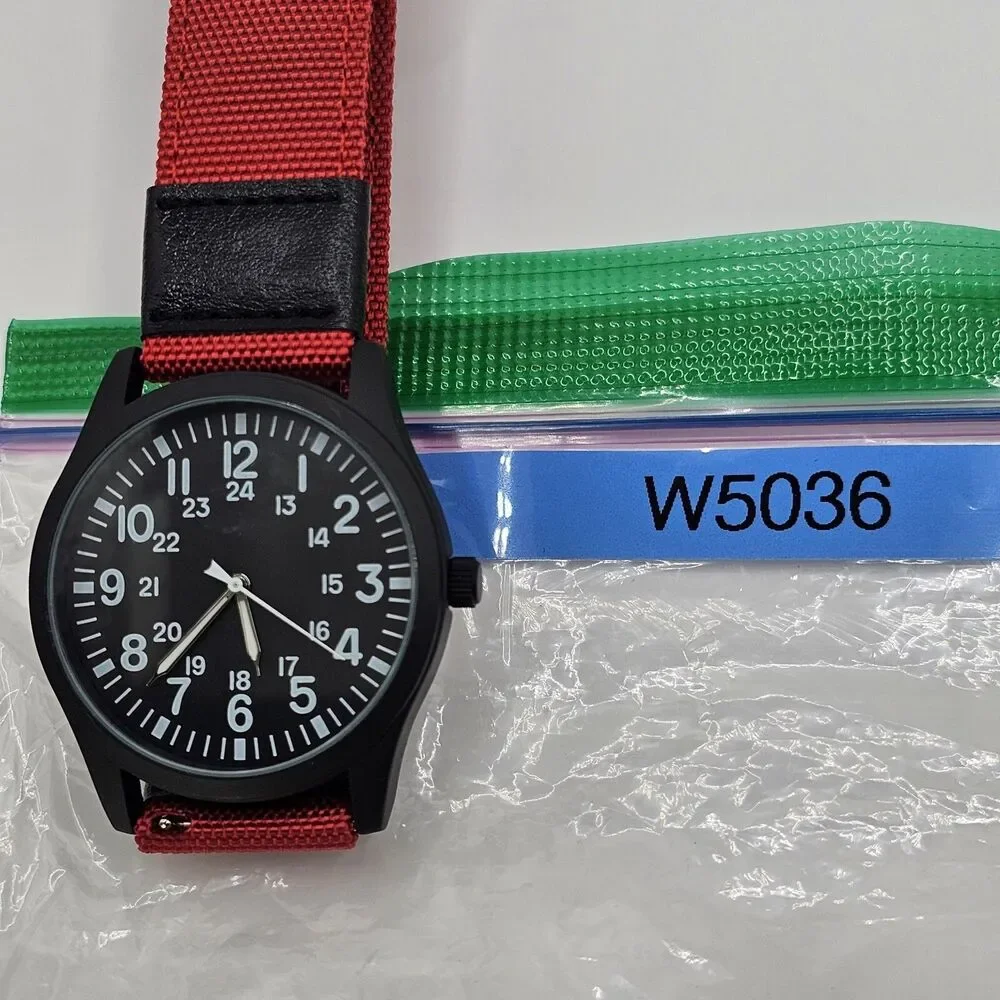 Men's 42MM Military Field Watch Black Case Black Dial Red Black Canvas‎ Bands